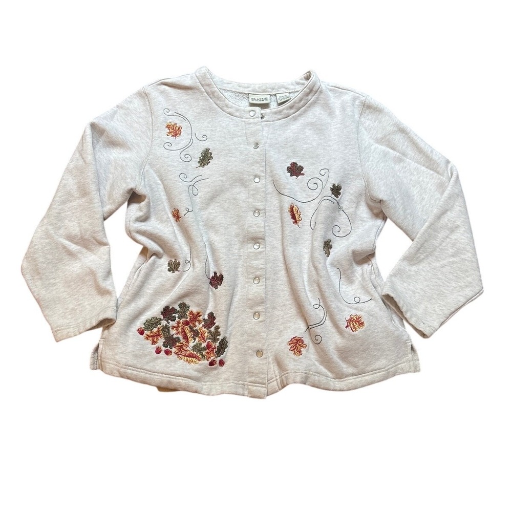 Classic Elements Cardigan Women Oatmeal Fall Leaf Embroidery SIZE L 14-16